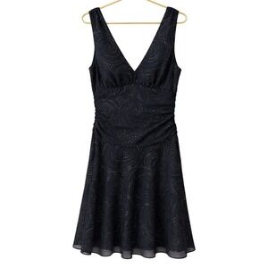 Y2K Black Swirl Dress 10 Ruched‎ Waist Vtg Glam Whimsigoth Prom Dark Whimsical